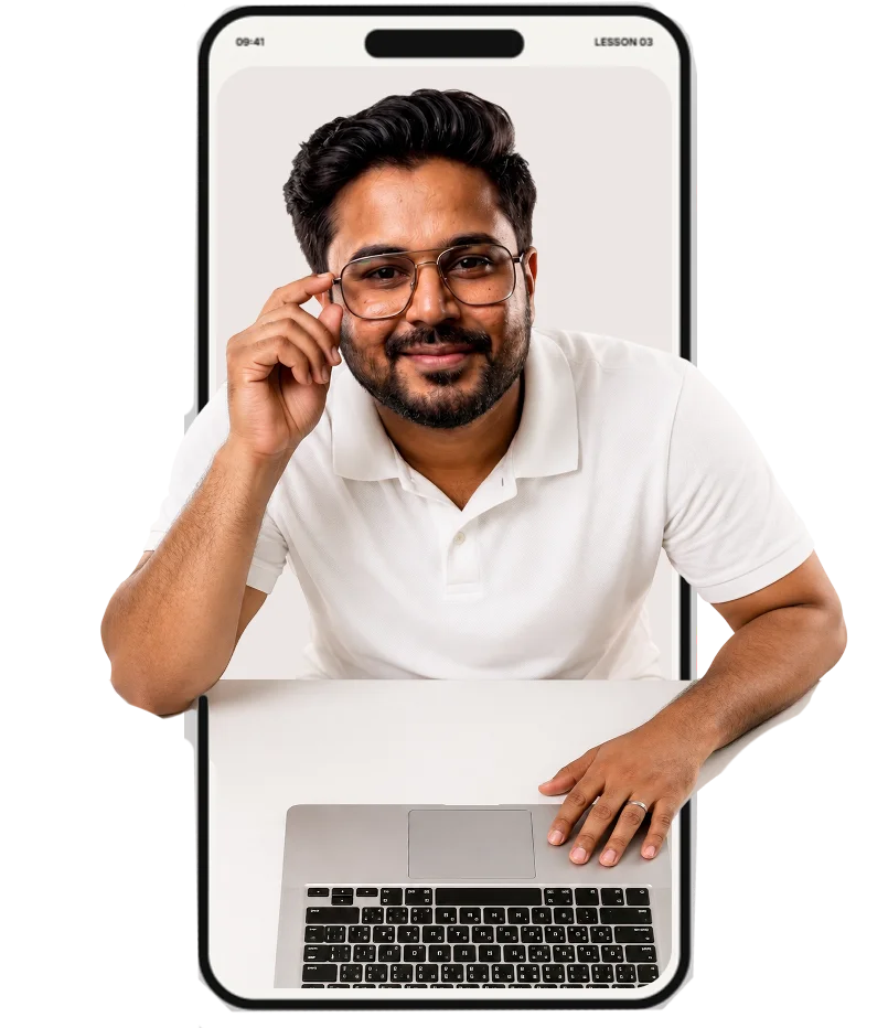 A teacher stepping out of a phone screen with a laptop in front of him